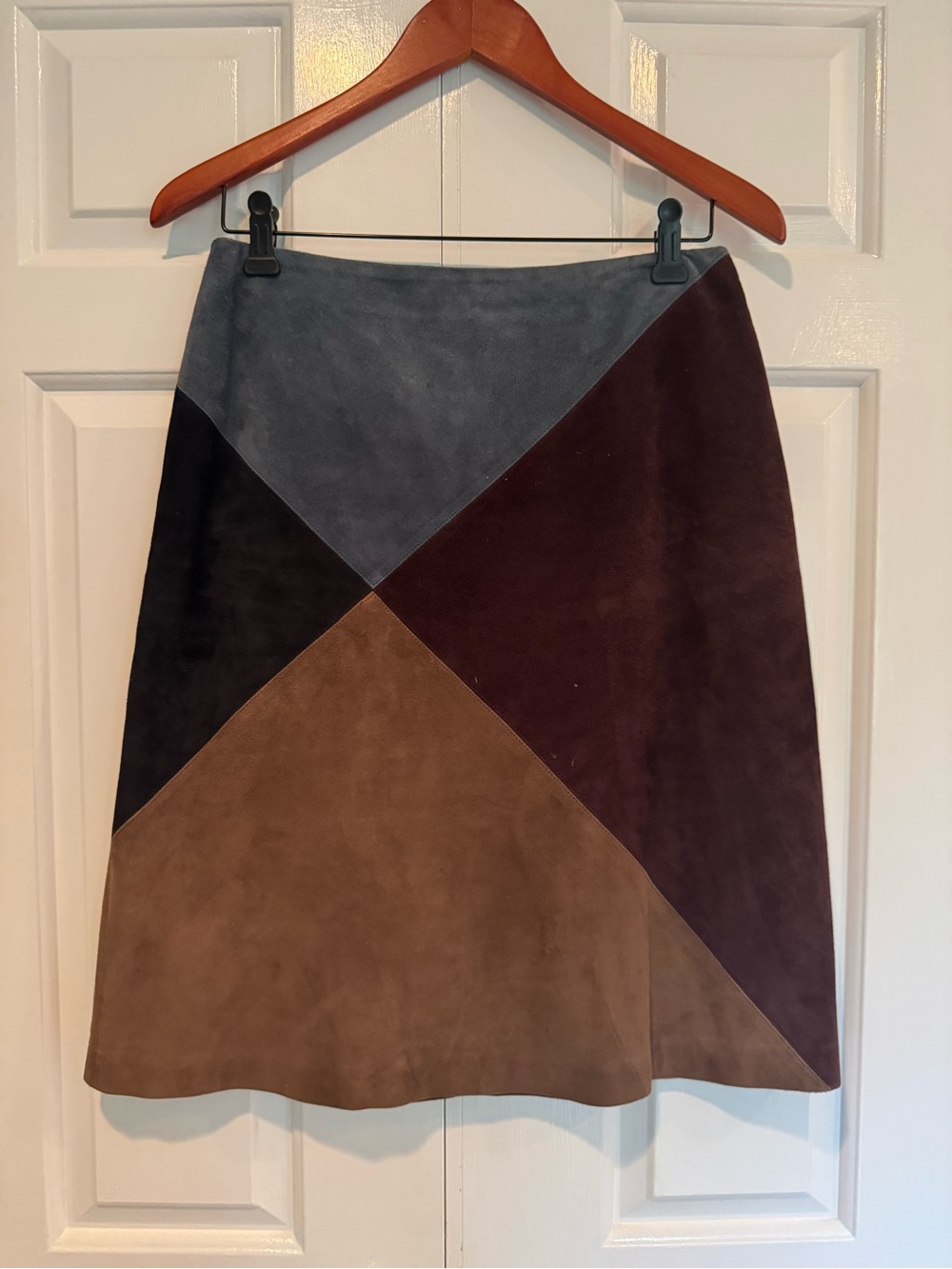 Colorblock Suede A-Line Skirt in Gray, Brown and Burgundy